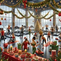 This picture reflecting a festive gym setting with holiday decorations and a diverse group of individuals engaging in various exercises. The scene includes a snowy landscape visible through the gym windows and a table with healthy snacks.